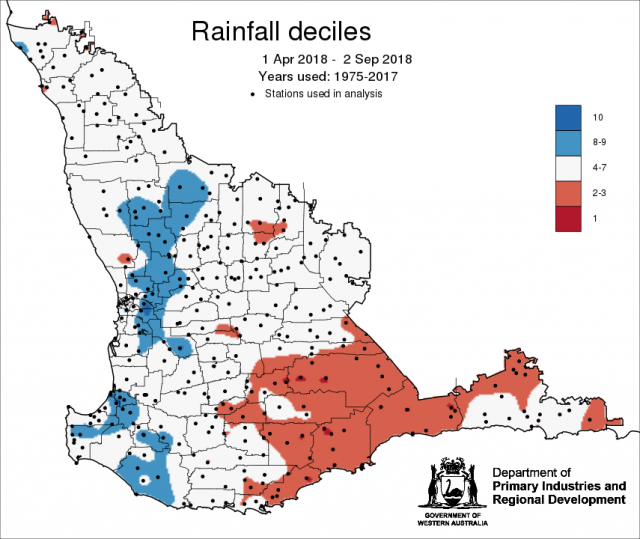 Rainfall decile map for 1 April to 2 September 2018 shows large parts of the grainbelt has received greater than decile 4 rainfall, but the southern grainbelt and northern Esperance region has received between decile 2-3 rainfall.
