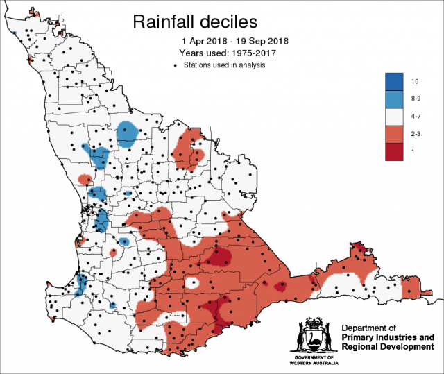 Rainfall deciles from 1 April to 19 September 2018, indicating lower rainfall in southern parts of the grainbelt.