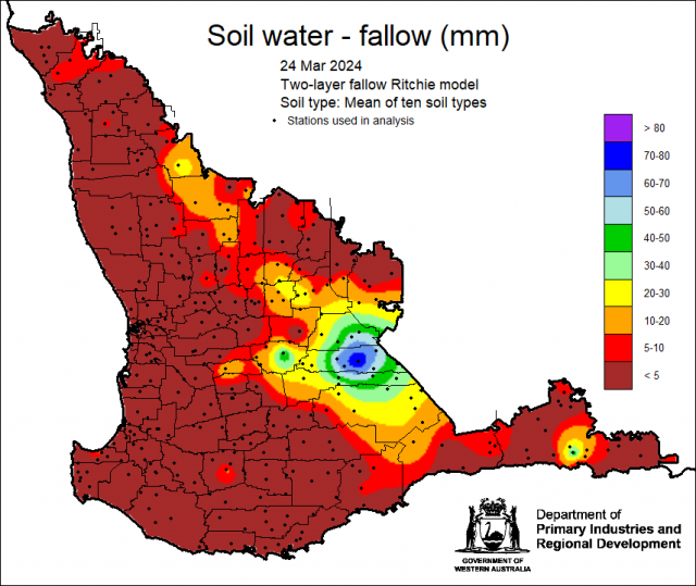Plant available soil water map for the South West Land Division for 24 March. Using two-layer fallow Ritchie model, indicating high amount of water available around Hyden.