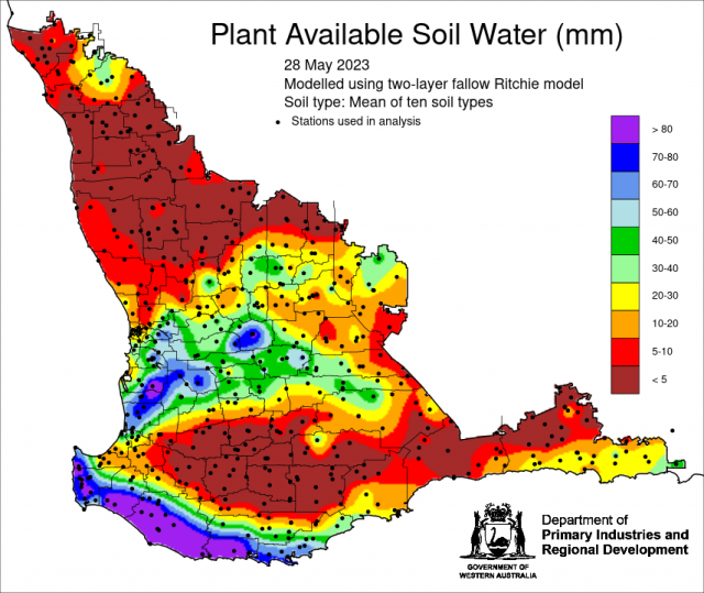 Plant available soil water map 28 May mean of ten soil types, showing low amounts in the Central West, Great Southern and South East Costal forecast districts of the South West Land Division.