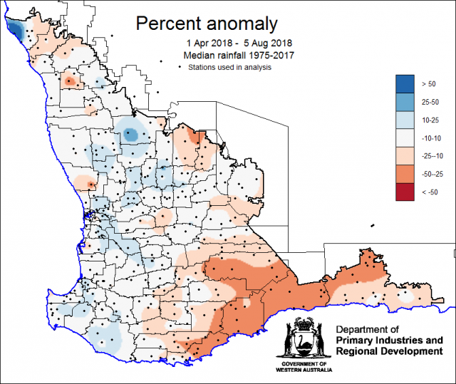Percent anomaly map for 1 April to 5 August shows large parts of the grainbelt has received more rainfall than in a normal season, but the southern grainbelt and Esperance region is tracking below average.