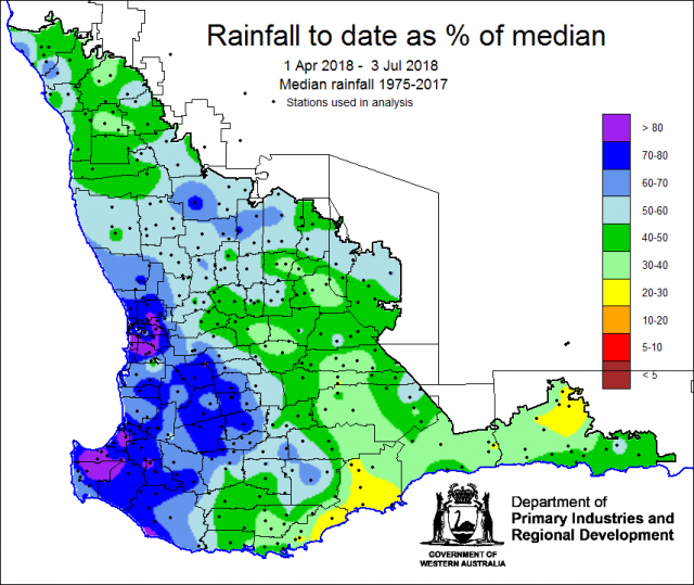 Rainfall to date map, showing rainfall from 1 April to 3 July 2018, indicating that the grainbelt has received between 40 to 70 percent of median for this time of the year, and therefore tracking below median.