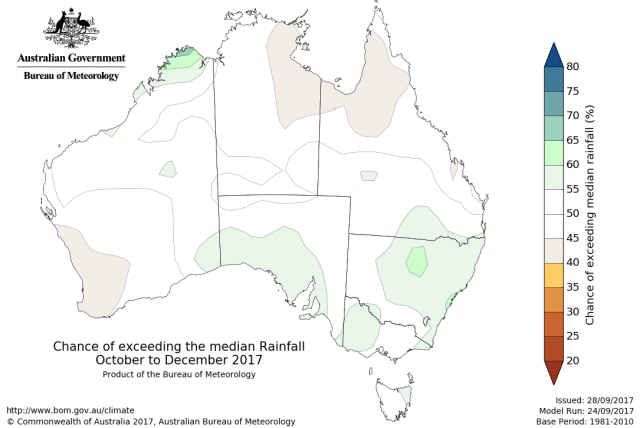 Rainfall outlook for spring, October to December 2017 from the Bureau of Meteorology. Indicating 40 to 55 percent chance of exceeding median rainfall for the South-west Land Division.