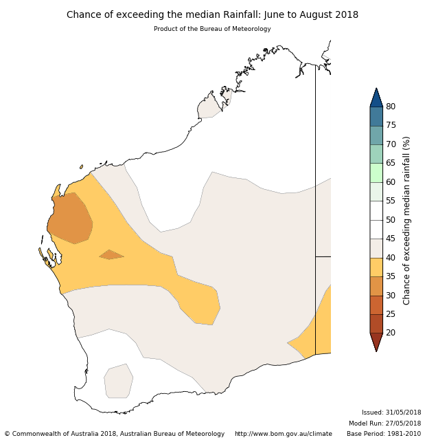 Rainfall outlook for June to August 2018 for Western Australia from the Bureau of Meteorology. Indicating 40-50% chance of exceeding median rainfall for winter.