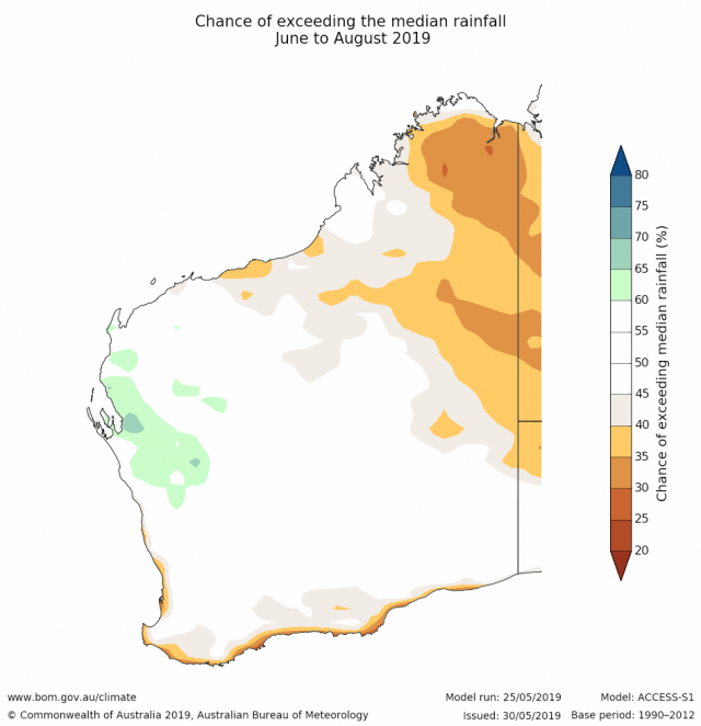 Rainfall outlook for June to August 2019 for Western Australia from the Bureau of Meteorology, indicating generally a neutral outlook.
