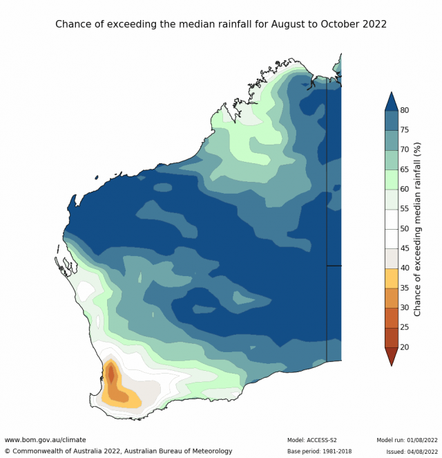 Rainfall outlook for August to October 2022 for Western Australia from the Bureau of Meteorology indicating 30-65% chance of above median rainfall for the SWLD.