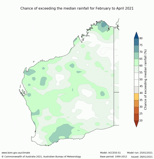 Rainfall outlook for February to April 2021 for Australia from the Bureau of Meteorology, indicating 45-70% chance of above median rainfall for the SWLD.