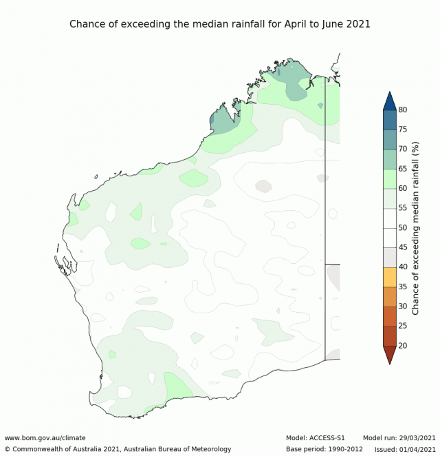 Rainfall outlook for April to June 2021 for Western  Australia from the Bureau of Meteorology, indicating 55-65% chance of above median rainfall for the SWLD.