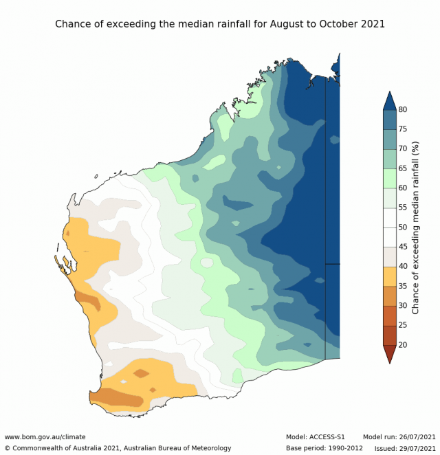 Rainfall outlook for August to October 2021 for Western Australia from the Bureau of Meteorology, indicating 35-50% chance of above median rainfall for the SWLD.