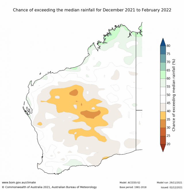 Rainfall outlook for summer December 2021 to February 2022 for Western Australia from the Bureau of Meteorology, indicating 45-55% chance of above median rainfall for the SWLD.
