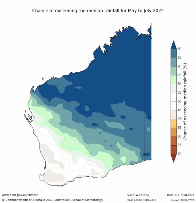 Rainfall outlook for May to July 2022 for Western Australia from the Bureau of Meteorology indicating 40-55% chance of above median rainfall for the SWLD.