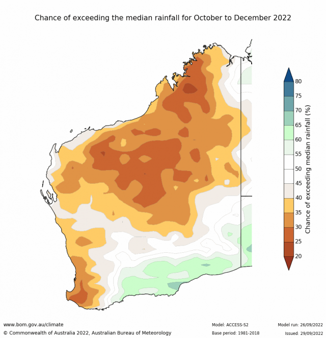 Rainfall outlook for October to December 2022 for Western Australia from the Bureau of Meteorology indicating 25-65% chance of above median rainfall for the SWLD.
