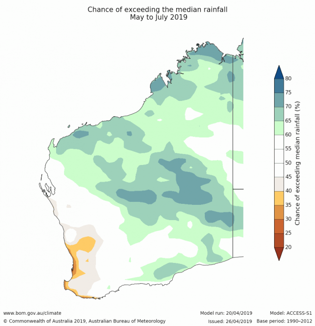 Rainfall outlook for May to July 2019 for Western Australia from the Bureau of Meteorology, indicating a mixed outlook.