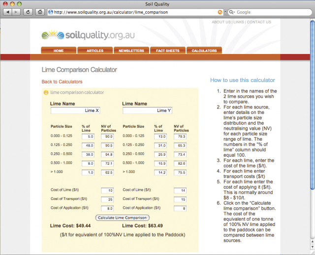 Online lime comparison calculator at soilquality.org.au