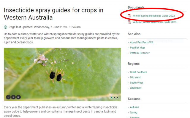 The 2023 winter spring insecticide spray guide is located on the right hand side of the webpage