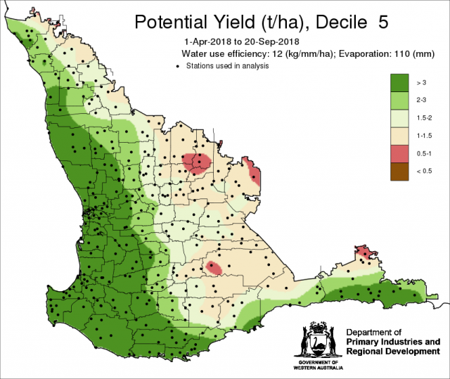 Potential yield map to 20 September showing potential yield in the grainbelt.