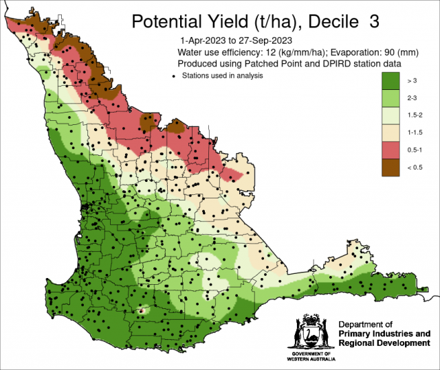 Potential Yield map 27 September 2023 of the South West Land Division using Water efficiency of 12 kg/mm/ha and evaporation of 90 mm, indicating yield range of 0.5 to greater than 3 t/ha with a decile 3 rainfall finish.