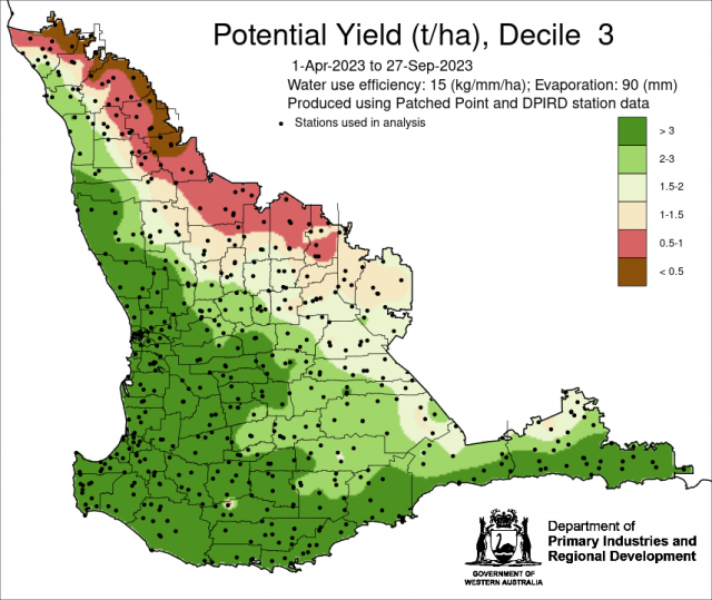 Potential Yield map 27 September 2023 of the South West Land Division using water efficiency of 15 kg/mm/ha and evaporation of 90 mm, indicating yield range of 0.5 to greater than 3 t/ha with a decile 3 rainfall finish.