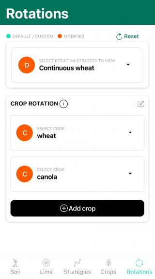 Creating a custom rotation. In this case the default Continuous wheat rotation is being edited, adding a custom wheat and canola