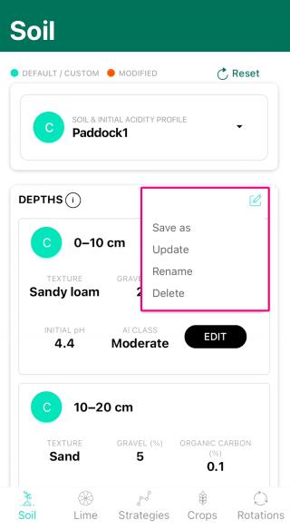 Menu options for a custom setting (phone screen)