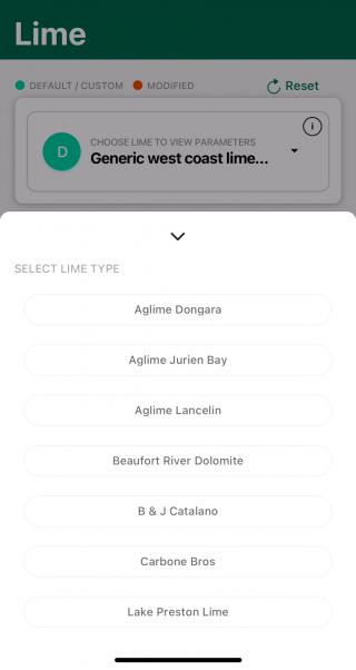 Data for lime suppliers who are members of Lime WA Inc are provided in the app, based on the most recent audit sample. Costs need to be entered, saving the lime as a custom setting