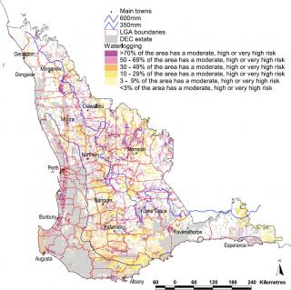Map showing areas of moderate, high or very high risk of waterlogging in the south-west agricultural region of Western Australia