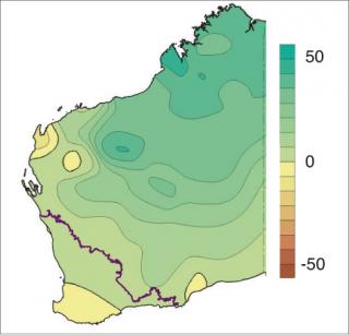 Coloured map of trend in summer rainfall (mm/10 years), 1950–2015 (source: Bureau of Meteorology 2016)