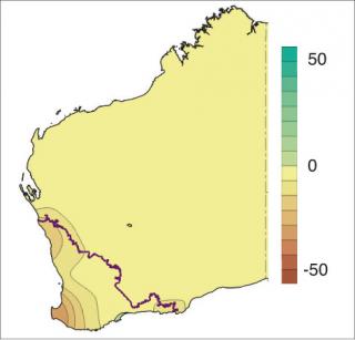coloured map of trend in winter rainfall (mm/10 years), 1950–2015 (source: Bureau of Meteorology 2016)