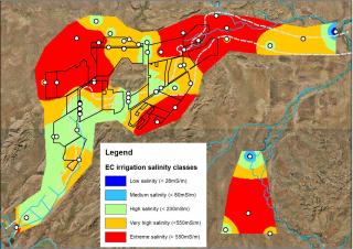 Areas of groundwater irrigation salinity classes under the Weaber Plain