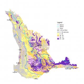 Map of soils in the south west of Western Australia with sodic soil to 50cm
