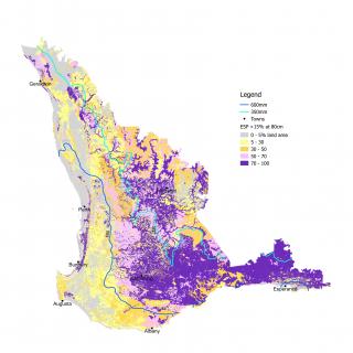 Map of soils in the south west of Western Australia with sodic soil to 80cm