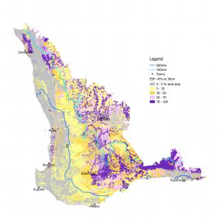 Map of soils in the south west of Western Australia with sodic soil to 30cm
