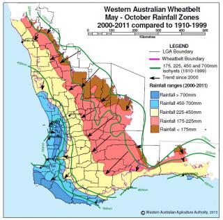 An isohyet map showing the significant decrease in growing season rainfall in the WA wheatbelt.