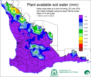 Plant available soil water map from 29 June 2016 (mean of ten soil types).