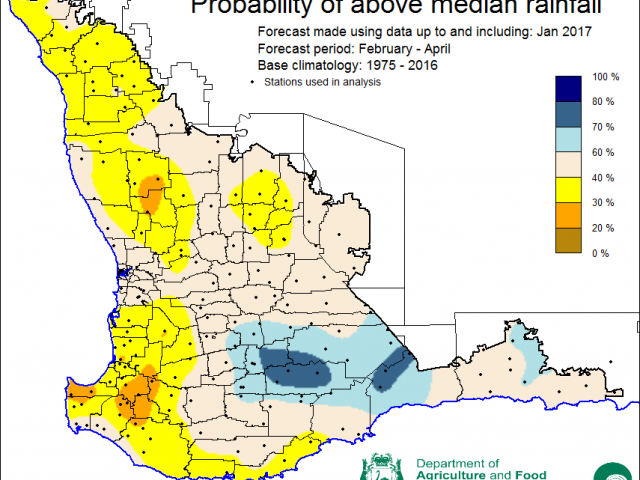 SSF forecast of probability of exceeding median rainfall for February to April 2017. Indicating 30-40% chance of exceeding median rainfall for the northern wheatbelt and south-west corner, 60-80% chance of exceeding median rainfall in the Great Southern a