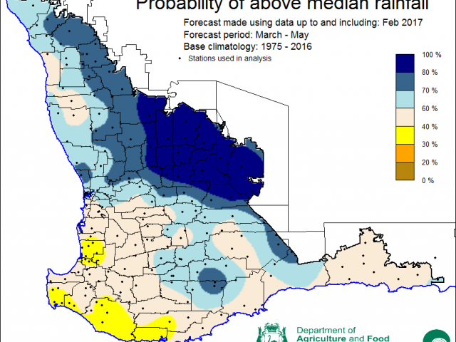 SSF forecast of probability of exceeding median rainfall for March to May 2017. Indicating 60-100% chance of exceeding median rainfall for the majority of the wheatbelt