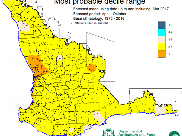 SSF most probable decile map for April to October 2017 indicating decile 2-3 rainfall most likely for the majority of the South-West Land Division.