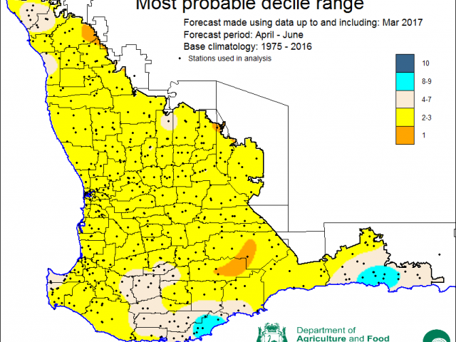 SSF most probable decile map for April to June 2017 indicating decile 2-3 rainfall most likely for the majority of the South-West Land Division.