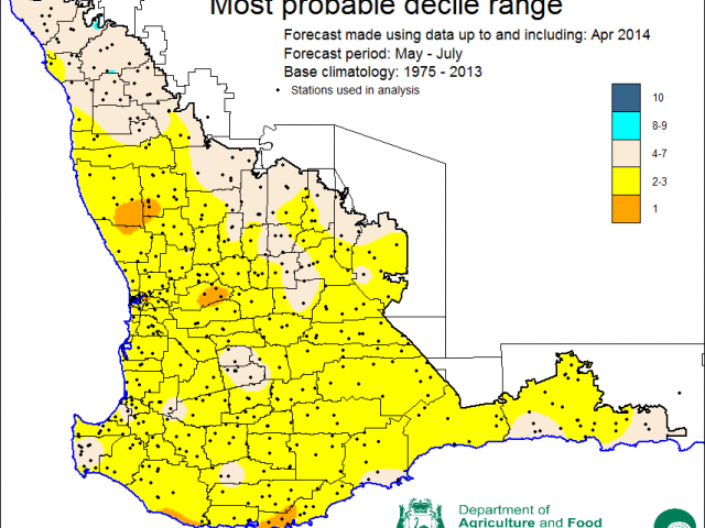 The SSF forecast of probability of most probable decile range for May to July 2014 indicates decile 2-3 rainfall is most likely for the wheatbelt.