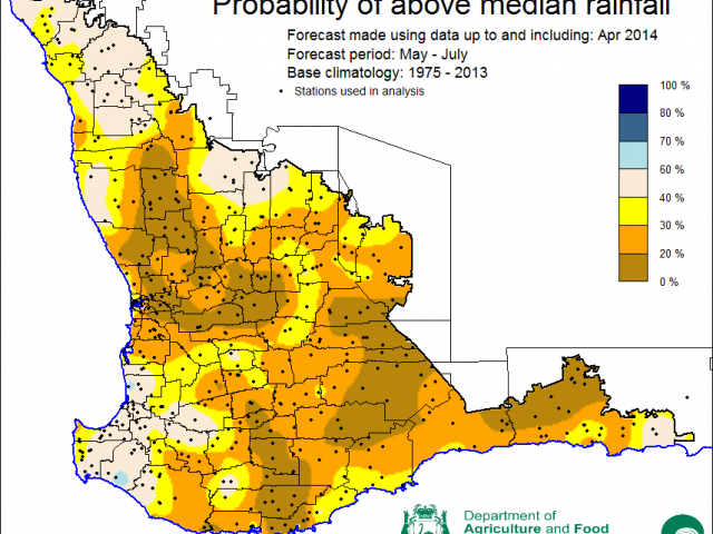 SSF forecast of probability of exceeding median rainfall for May to July 2014 shows low probability of exceeding median rainfall.