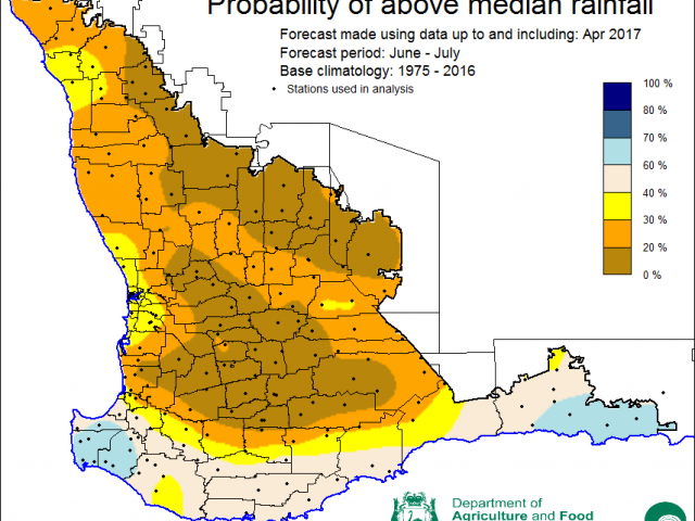 SSF forecast of probability of exceeding median rainfall for June to July 2017, indicating 0-40 per cent chance of exceeding median rainfall