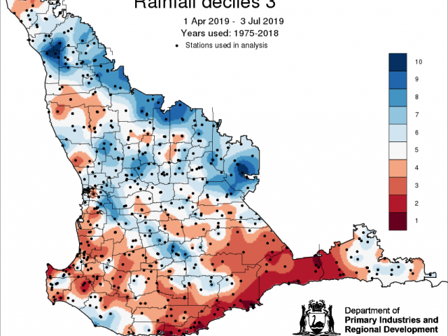 Rainfall decile map for 1 April to 3 July 2019 for the South West Land Division. Indicating that the majority of the region is tracking above decile 5 to date.