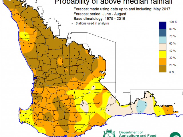 SSF forecast of probability of exceeding median rainfall for June to August 2017 indicating 0-40% chance of exceeding median rainfall