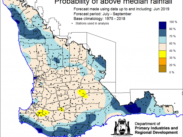 SSF forecast of the probability of exceeding median rainfall for July to September using data up to and including June. Indicating greater than a 40% chance of the majority of the Southwest Land Division receiving above median rainfall.