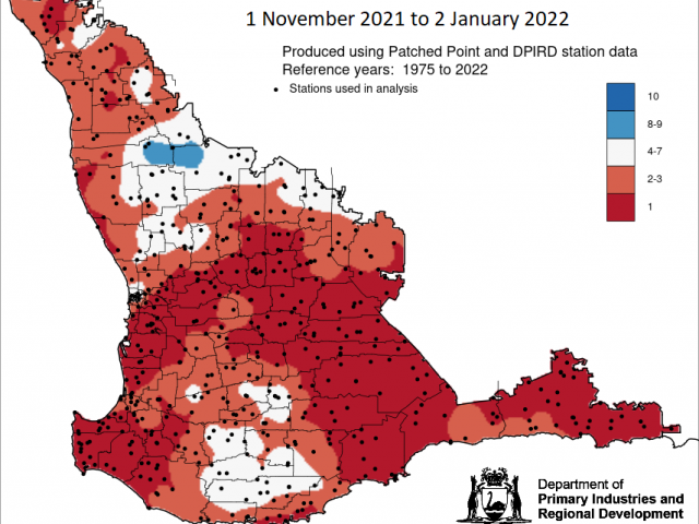 1 November 2021 to 2 January 2022 rainfall decile map for the South West Land Division. Indicating decile 2-3 for the majority.