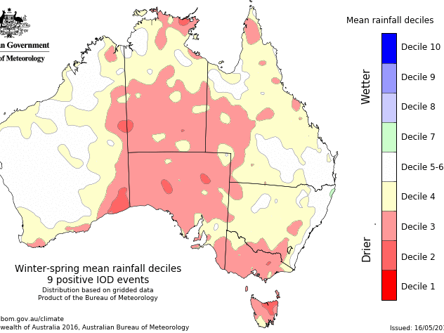 Mean rainfall decile map of Australia from nine past positive IOD events. Indicating reduced rainfall, decile 3-4, for the South West Land Division