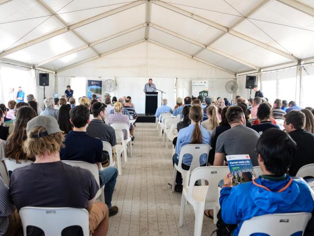 A mixture of producers, consultants, industry representatives, researchers and DPIRD staff in the main marquee at the ‘Farmer wants a life’ event.