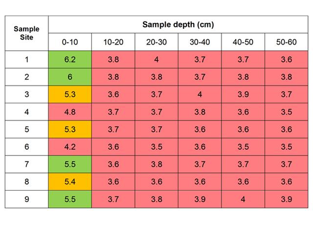 Soil pH was below target for depths of 10-60cm.  At 0-10cm 2 samples were below target pH, 3 were of concern and 4 had adequate pH
