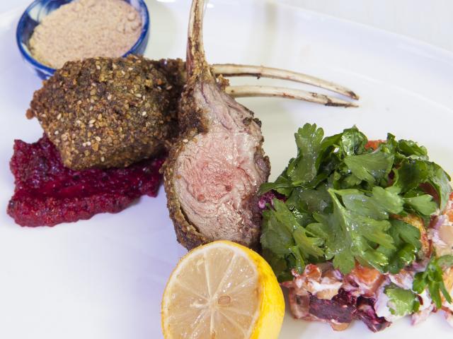 Winning dish of lamb cutlets crusted with lupin flakes and served with a Moroccan salad featuring sweet potato, beetroot, herbs and spices