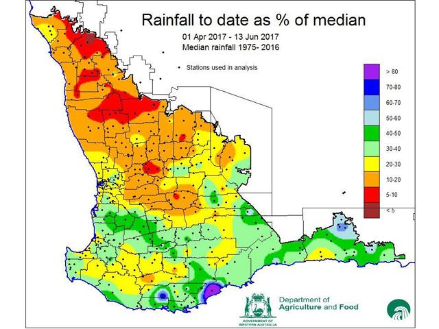 Rainfall to date as a percentage of median from the 1st April to 13th June 2017